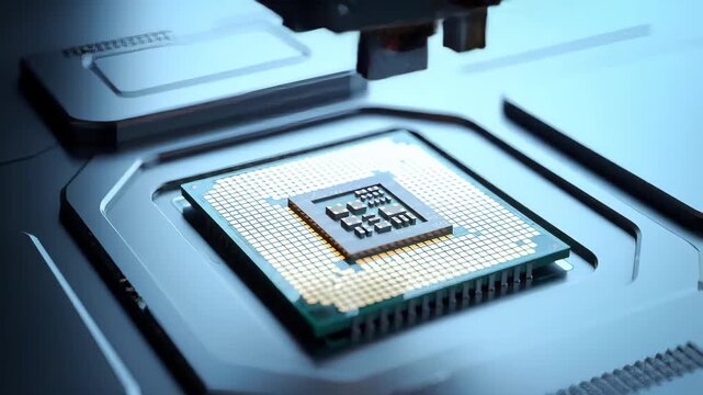 Macro Shot of Central Processing Unit with Metalic Robotic Arm on Silver Surface