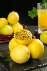 Fresh Hainan Golden Passion Fruits with Juice - Tropical Exotic Fruit Still Life