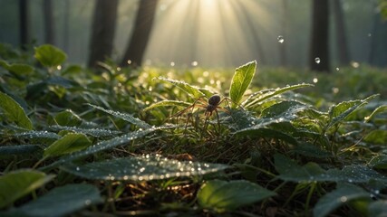 Fototapeta premium Sunlight filtering through trees illuminates a dewy forest floor with an ant on a leaf