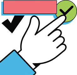 Hand selecting and confirming choice with checkmark symbol for successful outcome