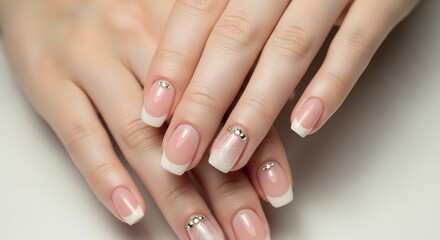 Fototapeta premium Perfectly manicured female hands display elegant French tip nails adorned with sparkling rhinestones and subtle glitter accents showcasing flawless beauty Elegance Sparkle Nail art