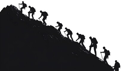 Silhouette of Climbers Ascending Mountain Peak Against White Background