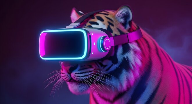 Virtual reality headset and gadget background with a 3D glass. Concepts of technology and animals. A person wearing a head-mounted display with a tiger.