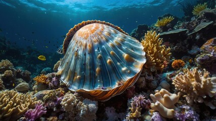 Vibrant underwater scene showcasing a scallop shell nestled among colorful coral reefs teeming with marine life