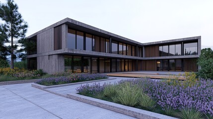 A modern architectural design featuring a spacious wooden house surrounded by colorful landscaping and lush greenery.