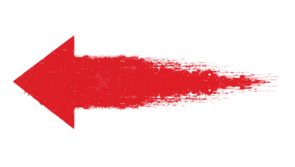 Red grunge arrow icon pointing left with a distressed brush stroke texture. Isolated vector element for direction and navigation on a white background