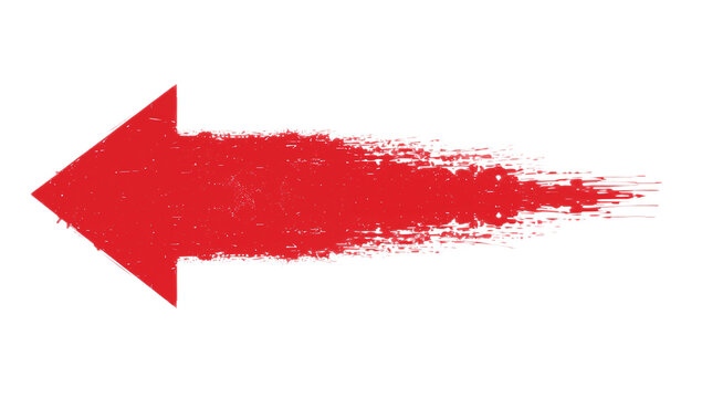 Red grunge arrow icon pointing left with a distressed brush stroke texture. Isolated vector element for direction and navigation on a white background