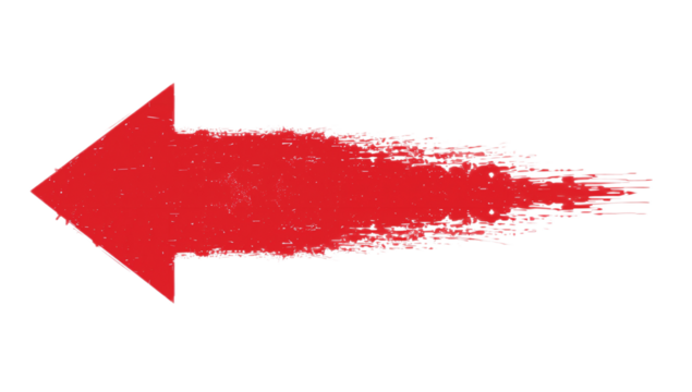 Red grunge arrow icon pointing left with a distressed brush stroke texture. Isolated vector element for direction and navigation on a white background