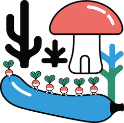 Whimsical garden scene with stylized plants, mushroom house, and row of radishes