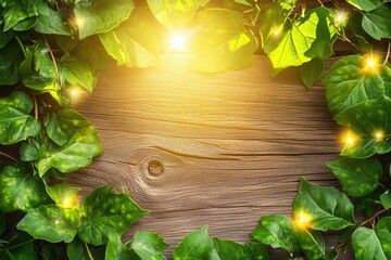 Green Vines Frame on Rustic Wood Board with Bokeh Effect Creates Natural Ambiance