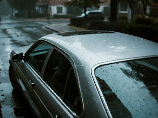 Close-up view of a silver car covered with raindrops parked on a wet street during rainy weather. Perfect for concepts of rainy day atmosphere, urban transportation, reflective surfaces, weather