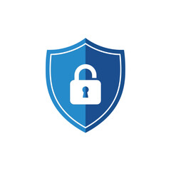Vector illustration of blue shield with a white padlock icon symbolizing security and protection
