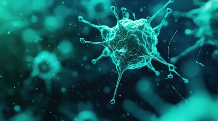 A close-up visualization of a virus, showcasing intricate structures and a vibrant turquoise color against a dark background.