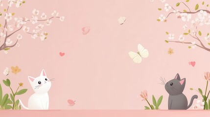 Cats Enjoying Spring Among Flowers and Butterflies in a Whimsical Setting