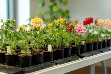 rows of Vibrant Blossoms Grow in Pots for Planting and Garden theme