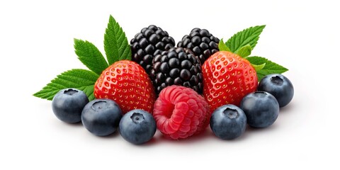 Fresh Blueberries with Strawberries, Blackberries, and Raspberries isolated on White Background