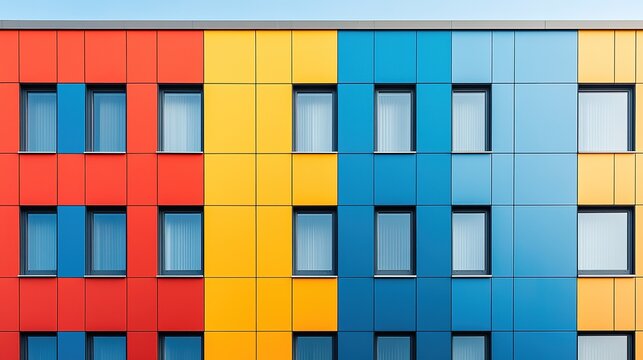 A vibrant facade featuring a geometric pattern of red, yellow, and blue panels interspersed with rows of windows, creating a modern architectural design.