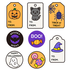 Colorful Halloween name tag and label set with pumpkin, ghost, cat, bat, spider, witch hat, and candy. Perfect for gift tags, party invitations, decorations, stickers, and seasonal design projects.