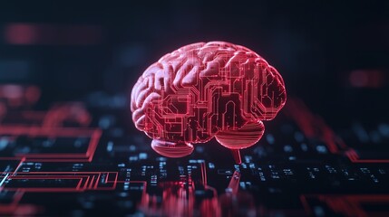 A digital render of a brain integrated with circuitry, glowing in red, set against a dark background, symbolizing technology and artificial intelligence.