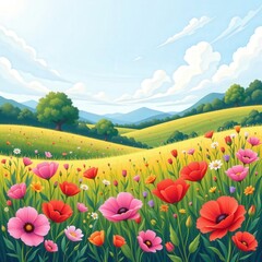 Vibrant Flower Field Under Blue Sky with Rolling Hills Landscape