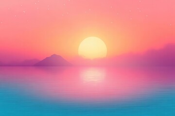 sunset reflects over calm water and Mountain at Dusk time with Dreamscape Theme