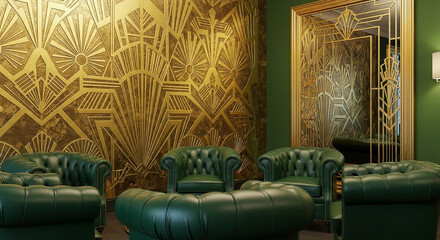 Elegant Art Deco interior with green leather seating and gold accents for luxury design
