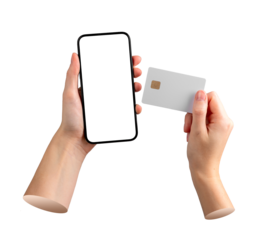 Hands holding a smartphone with blank white screen and a white bank card mock up with chip, isolated