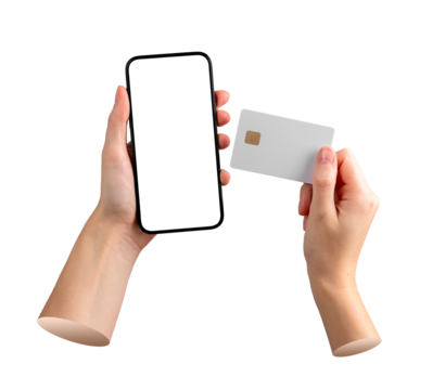 Hands holding a smartphone with blank white screen and a white bank card mock up with chip, isolated
