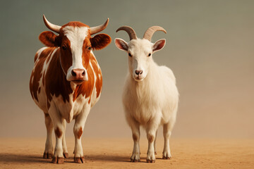 Brown cow and goat standing together farm animals livestock