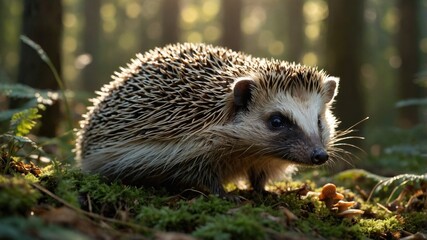 Fototapeta premium A hedgehog foraging for mushrooms in a sunlit forest, surrounded by lush greenery and soft light