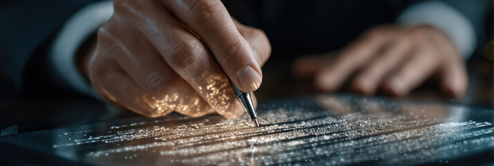 Hand holding pen interacts with digital hologram on tablet