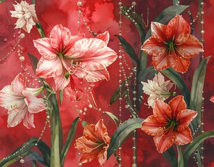 Floral pattern with amaryllis and pearls