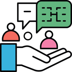 Business collaboration and communication icons with people, speech bubbles, and hand