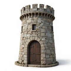 Stone castle tower with wooden door isolated on white background, medieval style