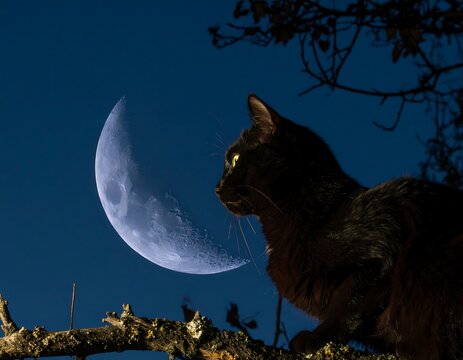Black cat on branch, moonlit night - Powered by Adobe