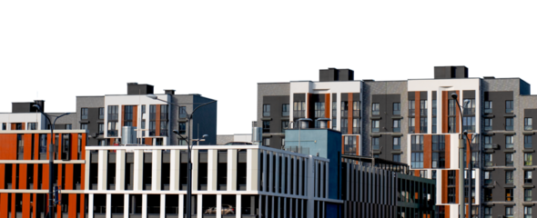 Modern residential complex with multi storey apartment blocks featuring grey facades accented with