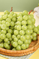 Fresh Green Grapes in Wicker Basket with Water Droplets - Healthy Organic Fruit Display