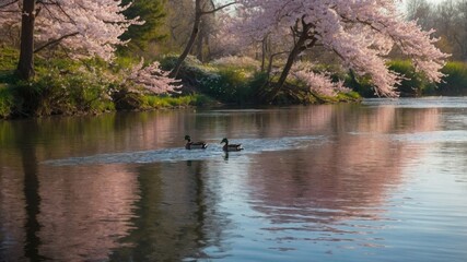 Fototapeta premium Serene scene of two ducks gliding on a tranquil river surrounded by blooming cherry blossoms