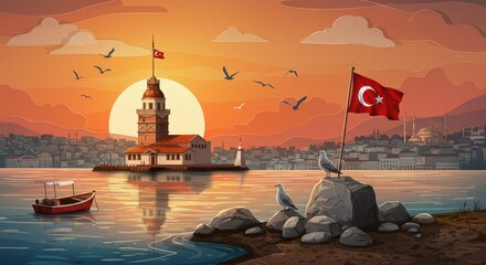 Obraz premium Maiden's Tower at Sunset: The iconic Maiden's Tower stands majestically against a fiery sunset, with the Turkish flag waving proudly.