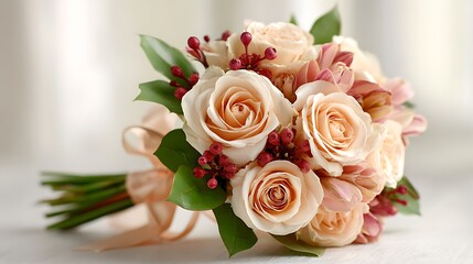 Elegant peach and cream rose bridal bouquet with berries and ribbon accent
