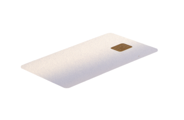 Tilted white textured bank card with golden chip, lying in perspective view. Minimalist style