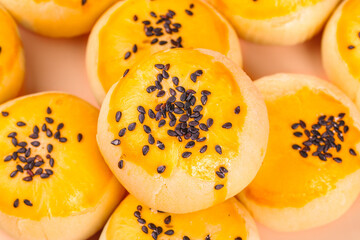 Handmade Egg Custard Tarts with Black Sesame Seeds - Traditional Asian Pastries and Dessert