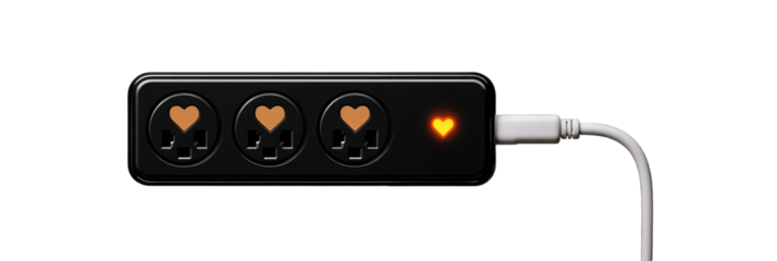 Black power strip with three outlets and a lit orange heart indicator