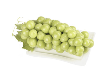Fresh Green Grapes Bunch with Leaves on White Background