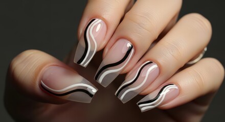 Close up of a hand with elegant coffin shaped nails featuring abstract wavy lines in black and white against a subtle gradient of nude and translucent finishes manicure nail art beauty