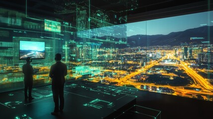 A digital twin control center with smart city infrastructure real-time holographic data engineers using AR interfaces to manage utilities roads and energy systems panoramic 