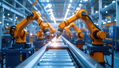 Two robotic arms welding on production line symbolize future of automation smart industry technology progress and modern engineering power