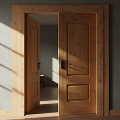 Warm Wooden Doorway with Sunlight Streaming In Inviting Interior Design and Home Decor Element Enhancing Atmosphere