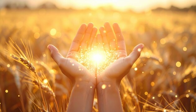 Hands hold glowing sunlight in golden wheat field at harvest time symbolizing abundance gratitude nature energy and spiritual blessing