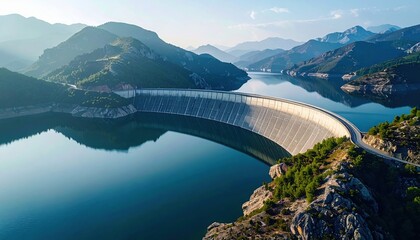 Panoramic view of curved dam set in serene mountain valley with still waters symbolizing harmony of technology, energy resource, nature and human ingenuity